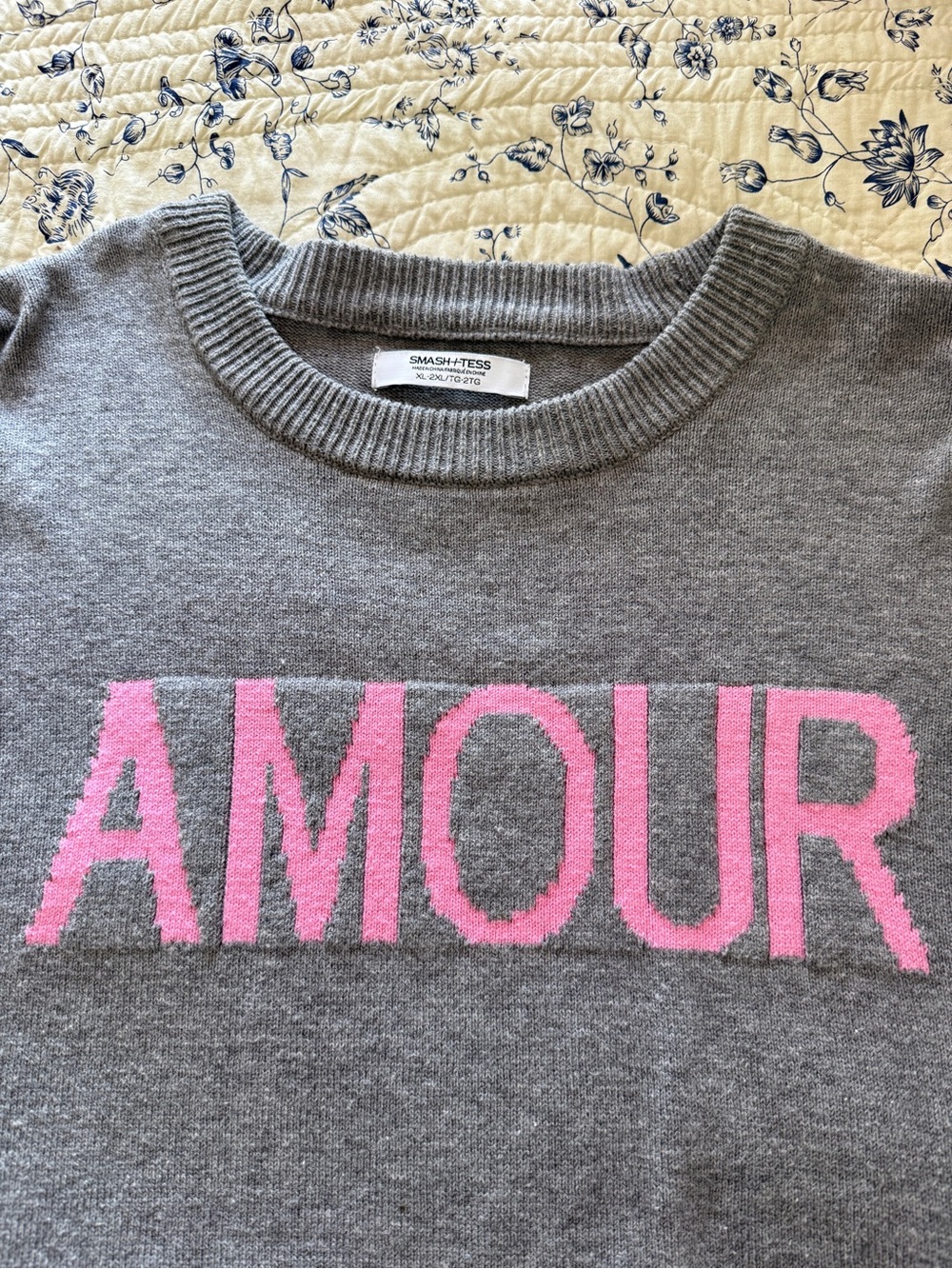 Smash + Tess Gray Crewneck Sweater with Pink "AMOUR"